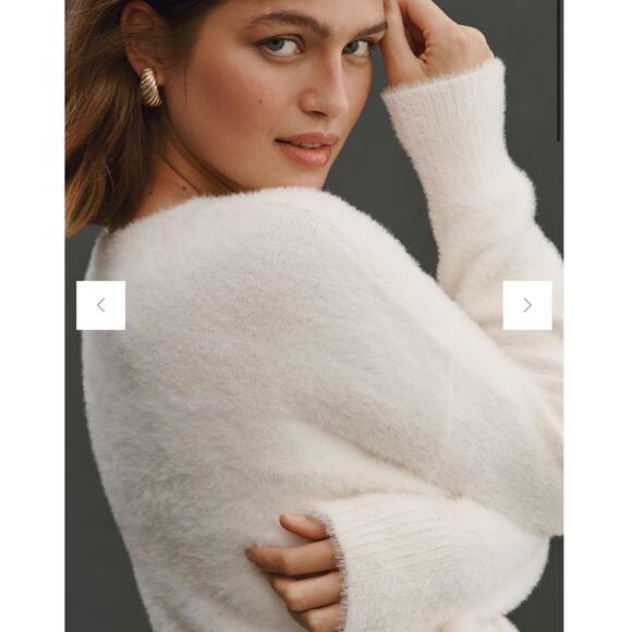 Anthropologie Oversized‎ Deep V-Neck Eyelash Tunic Ivory Sweater Size Large - Picture 2 of 11